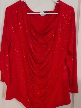 Women's Red Sequin Draped Blouse
